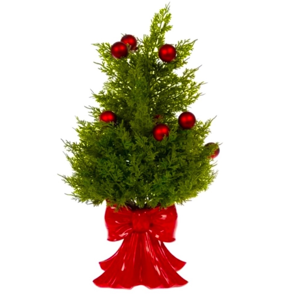 Artificial Cedar Tree w/ Red Vase Shaped Like A Bow & Ornaments, Ready to Ship